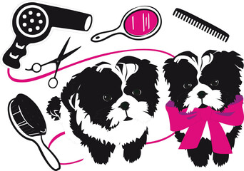 Black and white dogs with grooming tools and pink accents