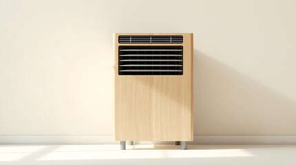 A sleek air conditioner standing alone in a minimalist room with natural light
