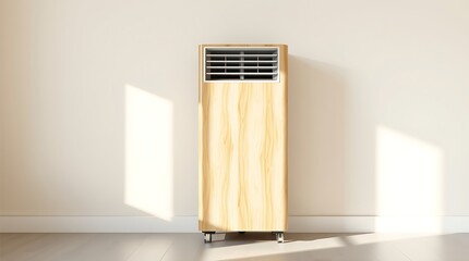 A sleek air conditioner standing alone in a minimalist room with natural light
