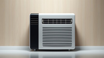 A sleek air conditioner standing alone in a minimalist room with natural light