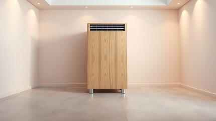 A sleek air conditioner standing alone in a minimalist room with natural light