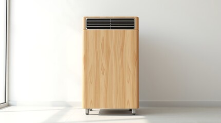 A sleek air conditioner standing alone in a minimalist room with natural light