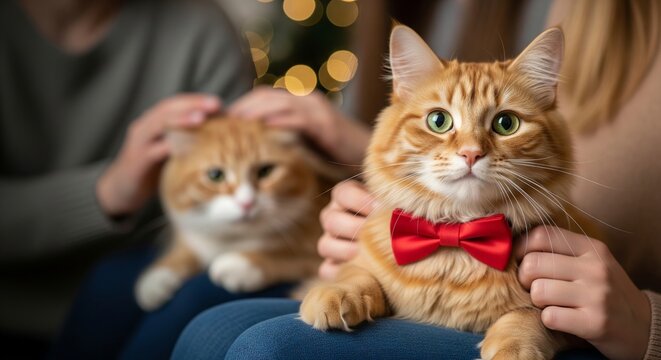Woman petting two adorable ginger cats, one in a red bow tie, symbolizing love and companionship for Valentines Day