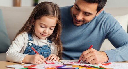 Man and girl drawing hearts with red pencils. Father teaching daughter art activities for Valentines Day. Family love and childhood concept