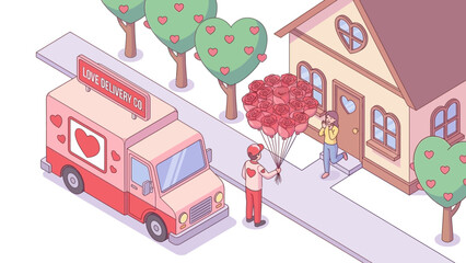 Naklejka premium Isometric Food Delivery Service Illustration with Courier at Cute House Vector