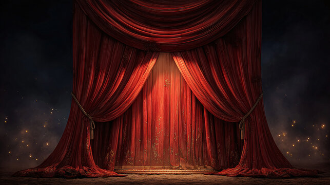 A theatrical stage with red curtains, illuminated and waiting for performance