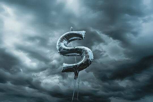 Wrinkled, deflating dollar sign balloon adrift in turbulent, cloudy sky, representing economic downturn, monetary instability, and global financial struggle. Recession concept