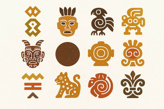 Costa Rica Indigenous Heritage Icon Grid with Ancestral Symbols and Textured Vector Style