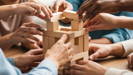 A group of people collaboratively building a wooden structure, likely a tower or a house, using interlocking wooden blocks. The focus is on teamwork and cooperation.