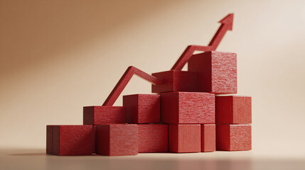 A visual representation of growth with red blocks and an upward arrow, conveying progress and success. The image features a series of stacked blocks and an arrow pointing upward.