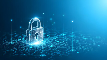 Digital padlock icon on a blue background representing data and network security
