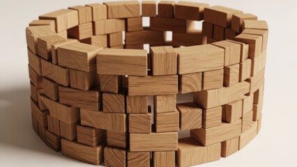 A wooden cylindrical structure composed of interlocking blocks, with a hollow center, displayed against a neutral background.