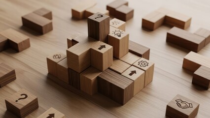 A collection of wooden blocks arranged in a pyramid shape, each block featuring a different symbol or icon representing various business concepts.