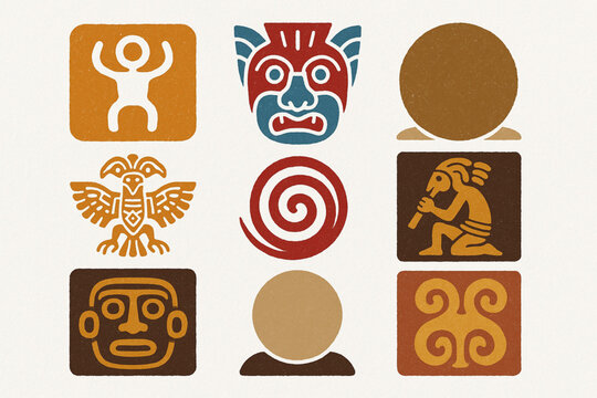 Costa Rica Indigenous Heritage Icon Grid with Ancestral Symbols and Textured Vector Style