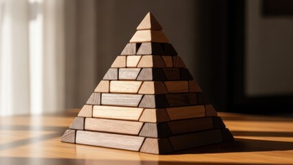 A wooden pyramid puzzle on a wooden table, with varying shades of brown and a warm, indoor setting.