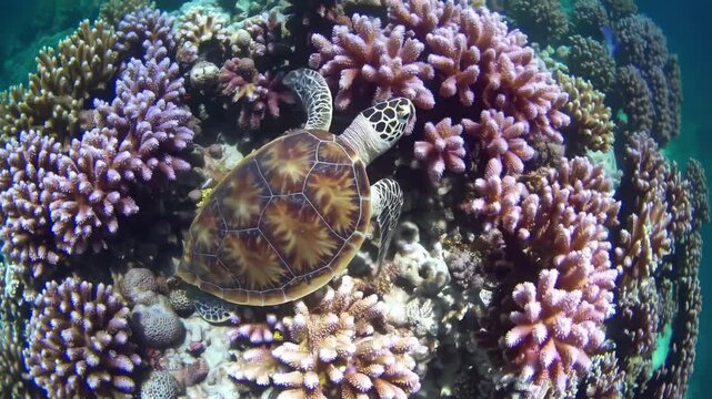 Aerial video shot of a sea turtle swimming over vibrant coral reefs. The top-down angle captures the intricate patterns and colors of marine life.