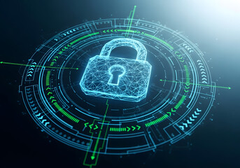 A conceptual illustration of cybersecurity featuring a glowing digital padlock in a futuristic network environment