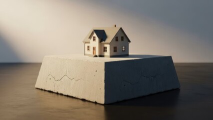 A small house on a cracked foundation, symbolizing instability or financial insecurity.