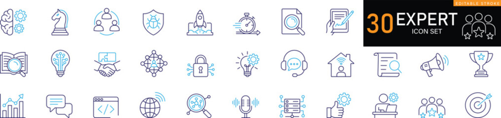 Fototapeta premium Expert line icon set featuring professional, specialist, authority, consultant, skills, certified, master, leadership, knowledge, business editable vector set.