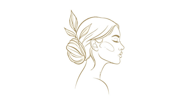 Woman face profile line art with leaf in hair vector illustration