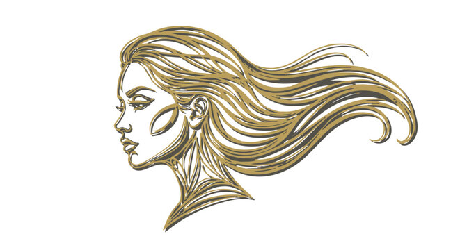 Golden illustration of a womans head with flowing hair in profile view