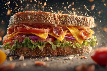 sandwich with bacon,cheese, and fresh vegetables on dark background 
