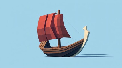 Colorful Geometric Sailboat with Red Sails on Blue Background