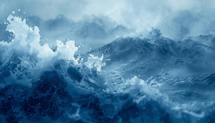Obraz premium A powerful ocean wave crashes with white foam and spray under a stormy sky