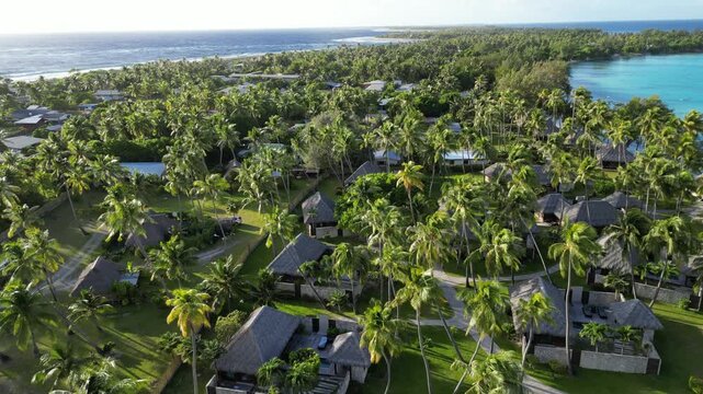 Aerial drone shots of Hotel Kia Ora Rangiroa, French Polynesia