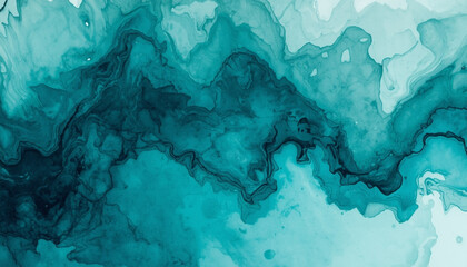 A vibrant abstract painting with swirling teal and blue hues creating a dynamic visual effect