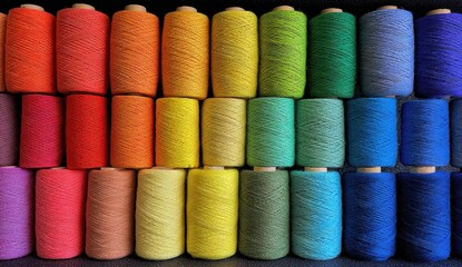 Vibrant Rainbow Thread Spools - Organized Textile Craft Supplies for Sewing and Creative Projects.