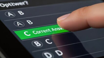 A close-up of a digital device displaying a quiz or test interface with a highlighted correct answer.