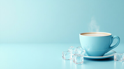 Fototapeta premium Minimalist composition of a hot blue coffee cup with steam and scattered ice cubes on a monochrome turquoise background, offering contrast and negative space.