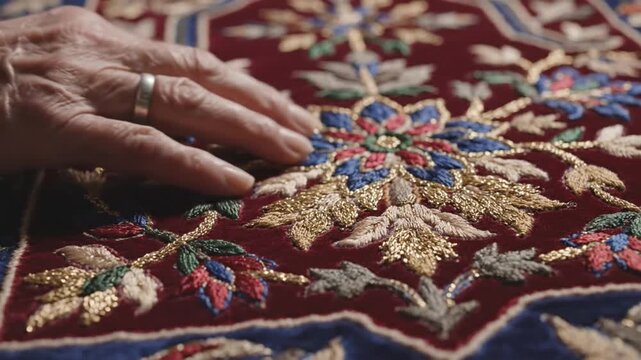 A close-up shot captures an aged, wrinkled hand gently caressing the intricate, ornate embroidery on a luxurious, deep red textile. The fabric features shimmering gold threadwork, alongside vibrant bl