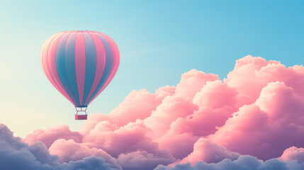 Obraz premium A whimsical striped pink and blue hot air balloon floating gracefully above soft fluffy pink clouds in a dreamy pastel sky creating a sense of adventure and wonder