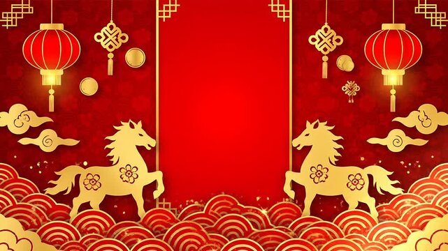 Chinese New Year Golden Horse Background Red Lantern Holiday Greeting