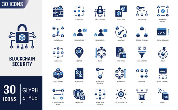 Blockchain security icon set. Cryptography, immutable, decentralization, consensus, encryption and more. Vector illustration