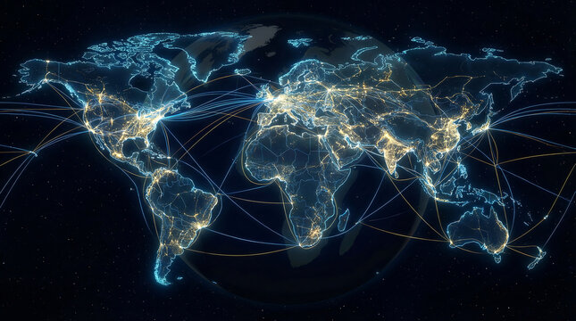 A glowing world map with connections and networks at night from space