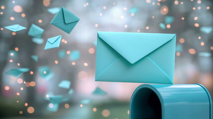 Conceptual teal blue envelopes flying out of a mailbox against a dreamy bokeh background, representing email marketing, digital communication, and newsletter messaging.