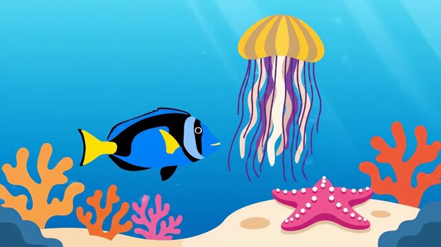 Cartoon underwater scene w a blue  black fish a pink starfish an orange  pink coral reef and a yellow  purple jellyfish on a sandy ocean floor