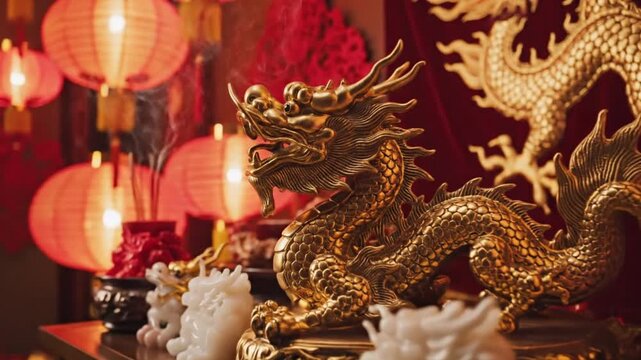 Golden Dragon Statue Chinese New Year Celebration Red Lanterns Kumquat Tree
