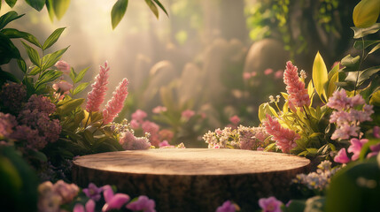 An empty wooden podium, surrounded by leafy trees. The sun shines on the forest floor through the leaves, creating soft light effects.