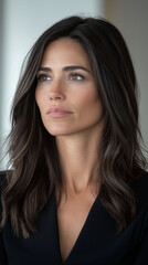 Woman with shoulder-length dark brown hair with highlights, dressed in a black business suit, looking to the side with a serious expression.