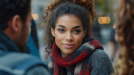 A beautiful mixed-race woman in her thirties, dressed in a gray sweater and a red scarf, talking to two friends on the street.