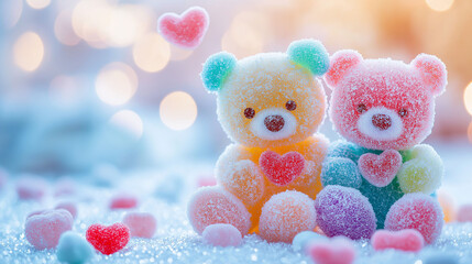 Colorful gummy candies shaped like two cute little bears, surrounded by sugar.