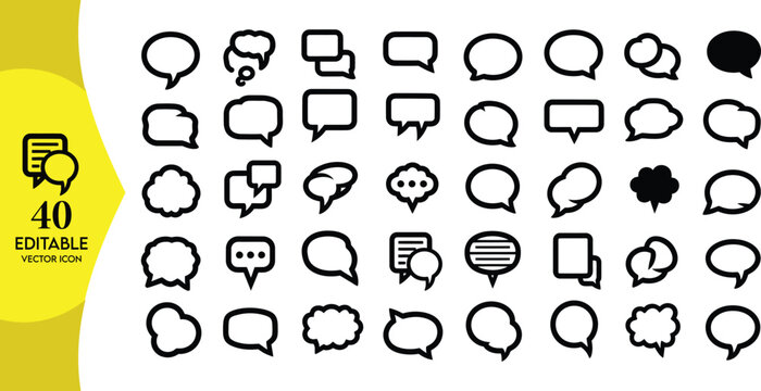 Professional Set of 40 Speech Bubble Icons with Thick Outlines, Versatile Chat and Thought Cloud Elements for Mobile App Interfaces and Graphic Design Projects