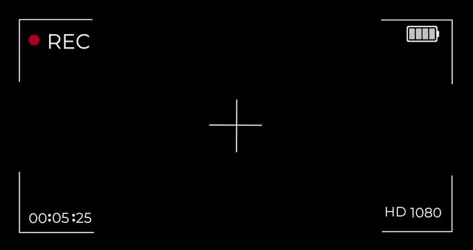 Animated illustration of a video camera screen in 4K resolution. . Camera recording screen overlay on dark background