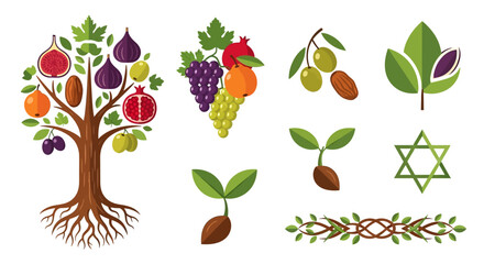 Obraz premium Illustration of the Seven Species of Israel, including a fruit-bearing tree, grapes, pomegranates, olives, dates, sprouts, and a Star of David.
