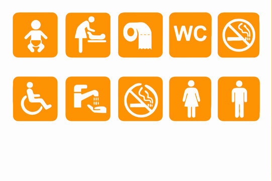 Collection of ten orange square icons representing public facility signs like restrooms, baby changing, accessibility, and no smoking.
