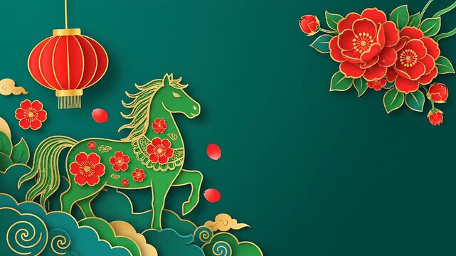 Chinese New Year Horse Zodiac Paper Cut Lantern Peony Background